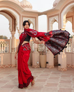 Red Black Thread Work Crepe Saree