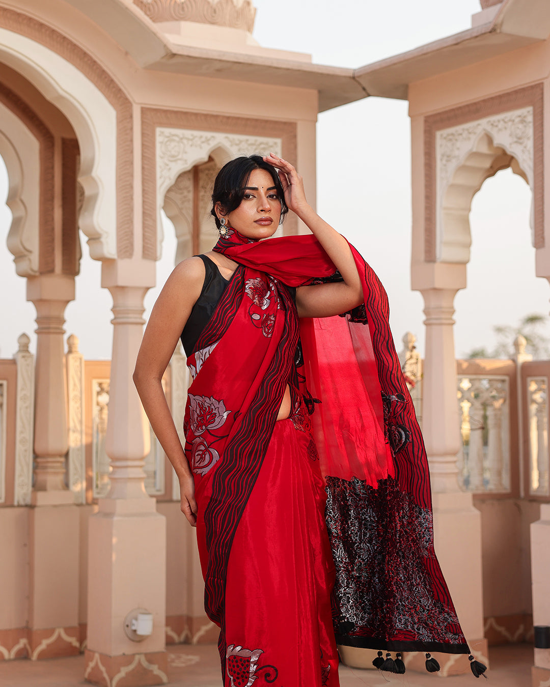 Red Black Thread Work Crepe Saree