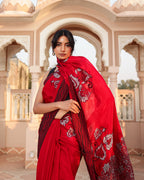Red Black Thread Work Crepe Saree