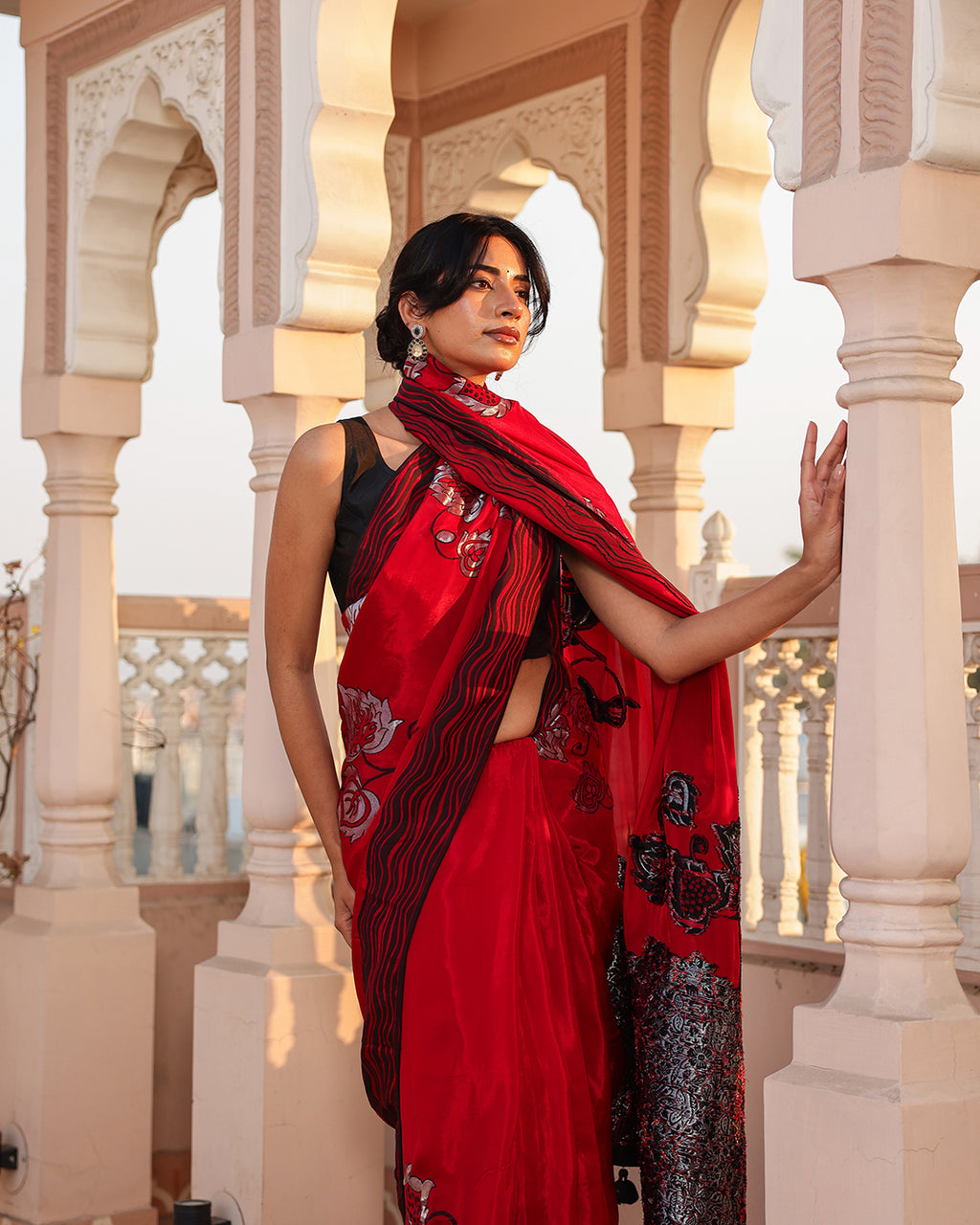 Red Black Thread Work Crepe Saree
