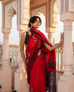 Red Black Thread Work Crepe Saree