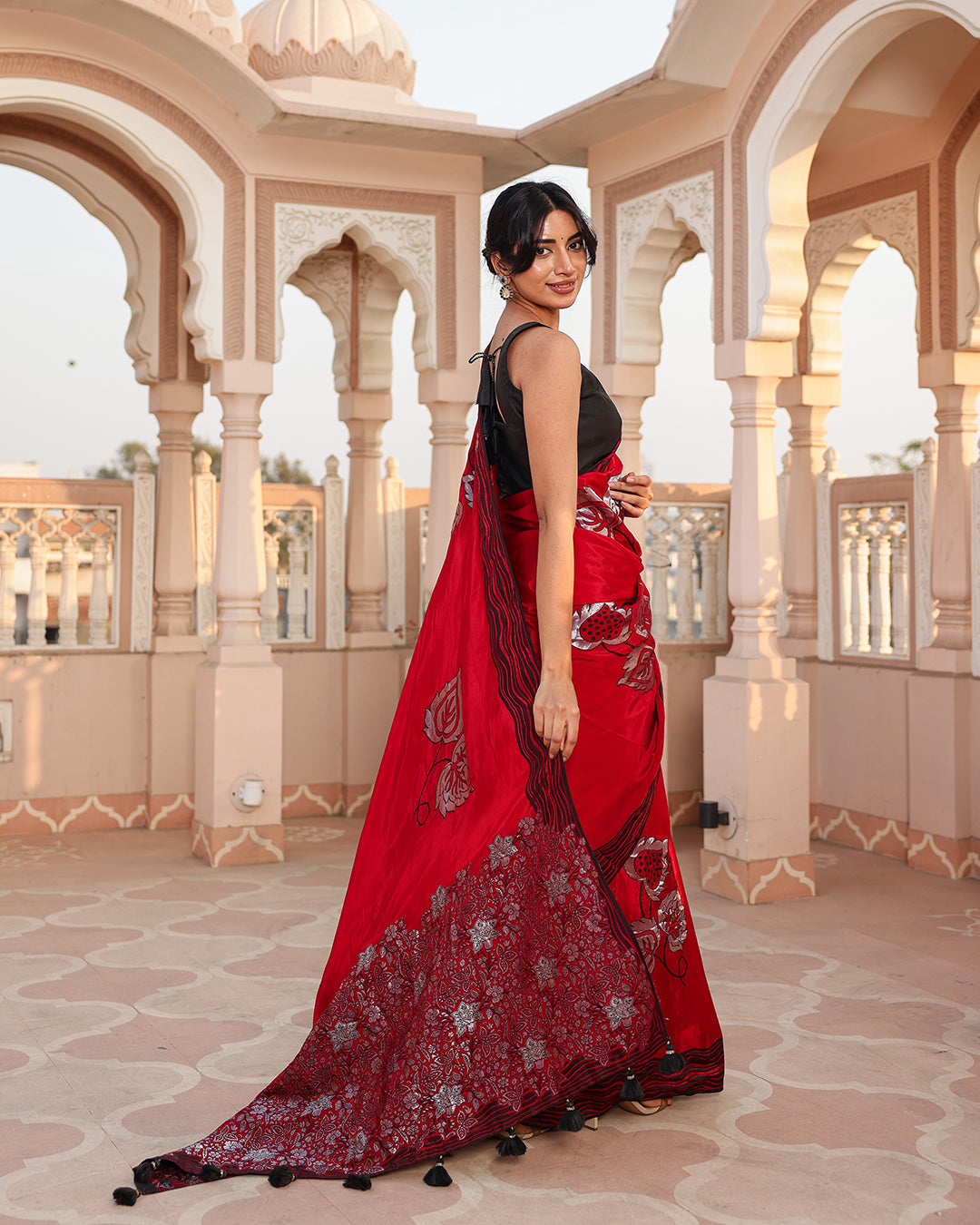 Red Black Thread Work Crepe Saree