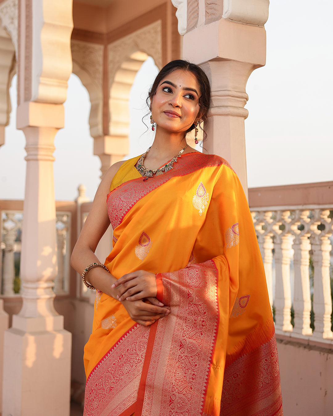 Marigold Paisley Border Silk Saree