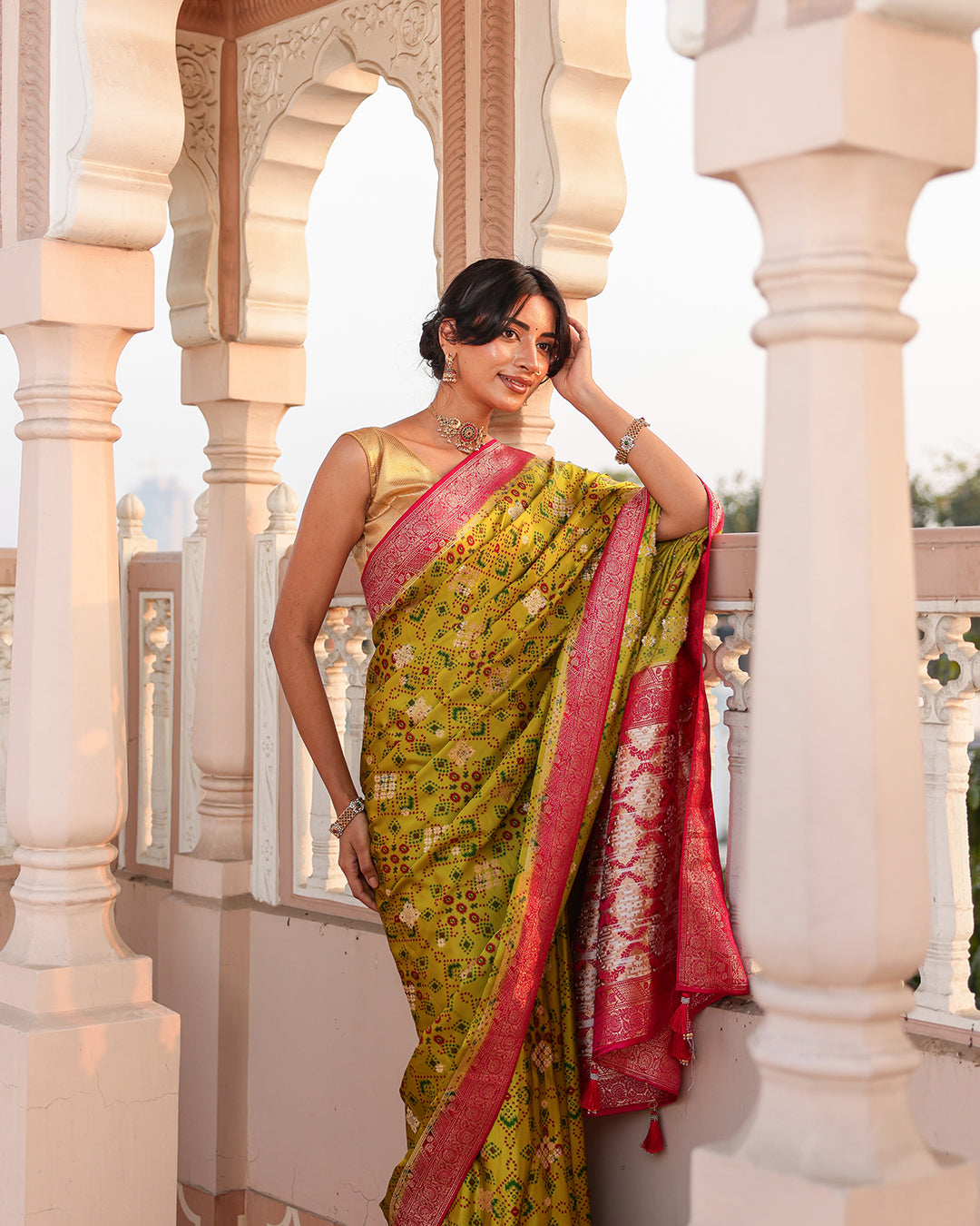 Parrot Green Patola Soft Silk Saree