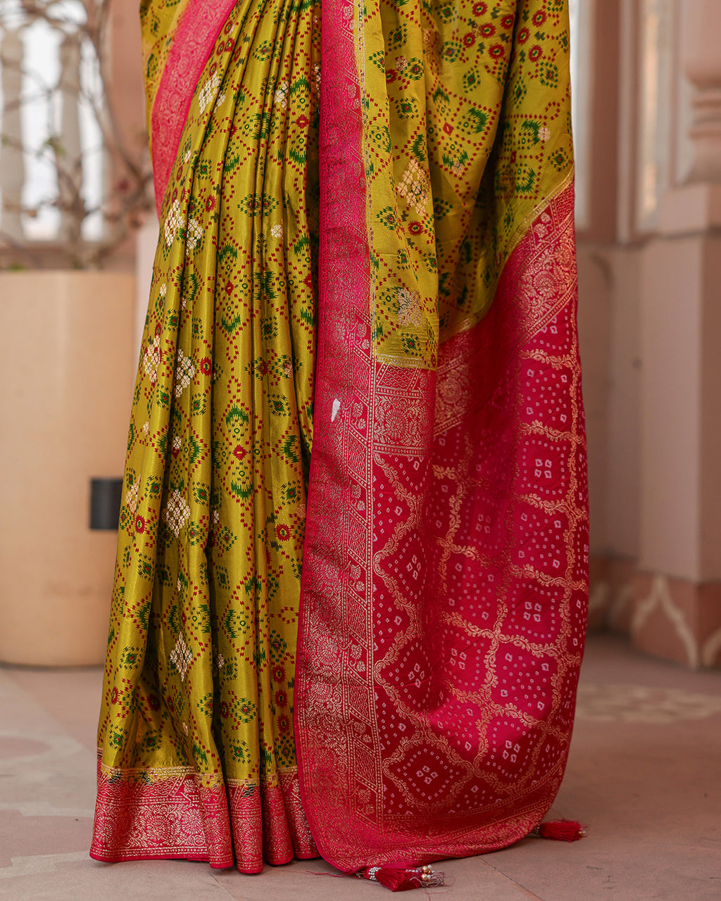 Parrot Green Patola Soft Silk Saree