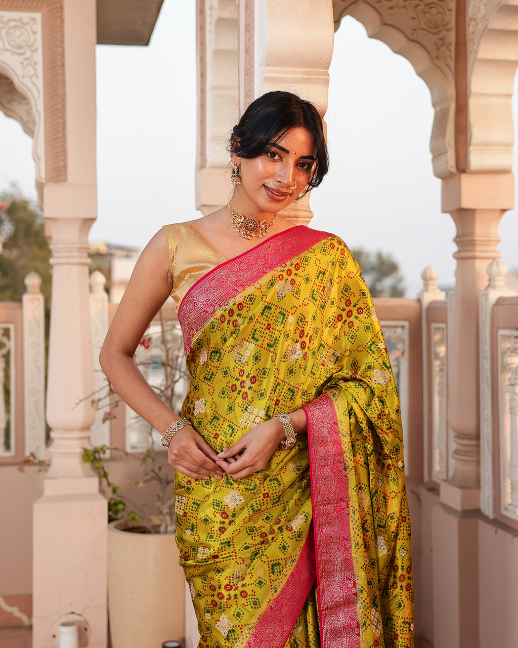 Parrot Green Patola Soft Silk Saree