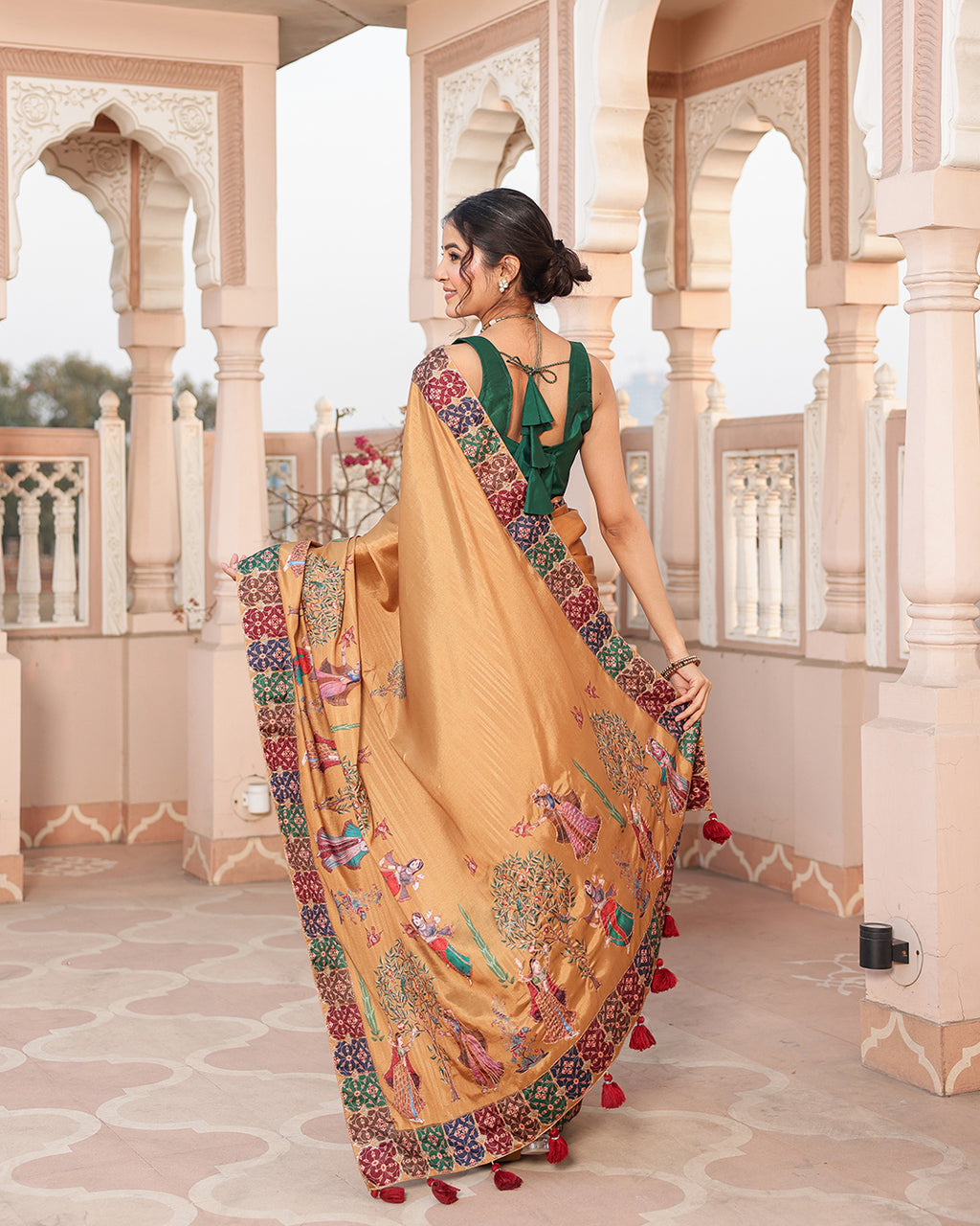 Mustard Gold Human Figure Print Saree