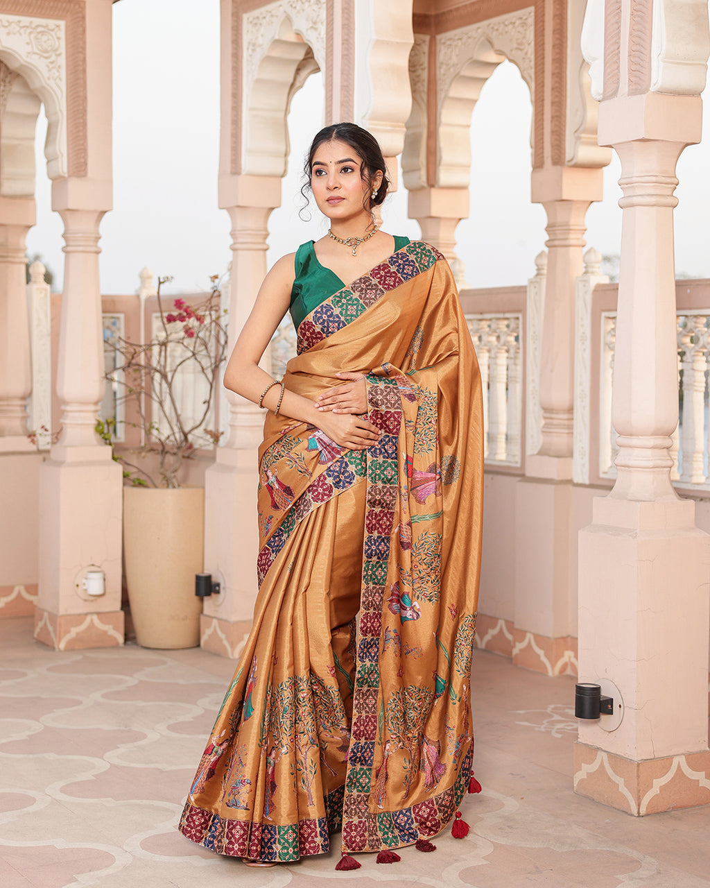 Mustard Gold Human Figure Print Saree