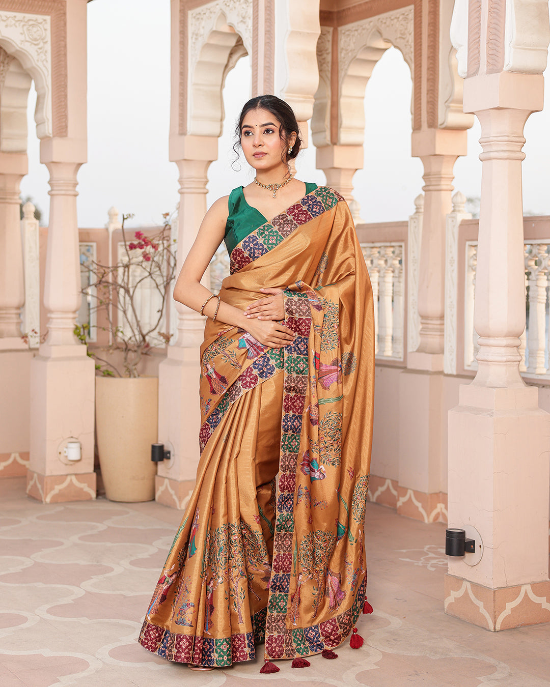 Mustard Gold Human Figure Print Saree
