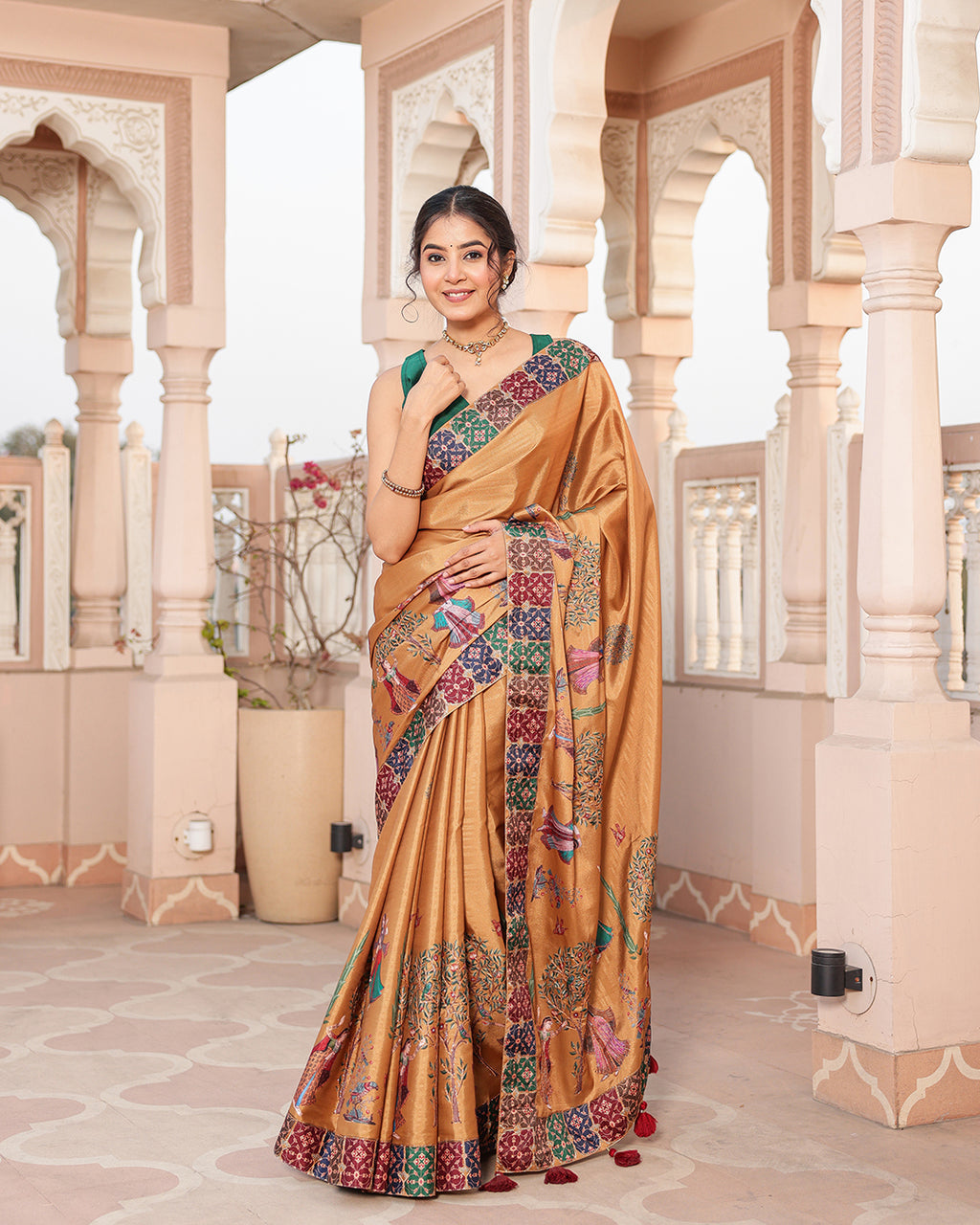 Mustard Gold Human Figure Print Saree