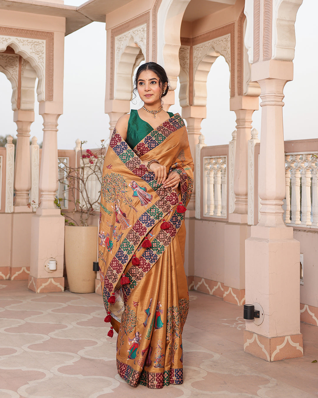 Mustard Gold Human Figure Print Saree