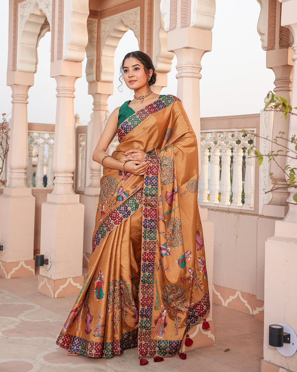 Mustard Gold Human Figure Print Saree