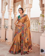 Mustard Gold Human Figure Print Saree