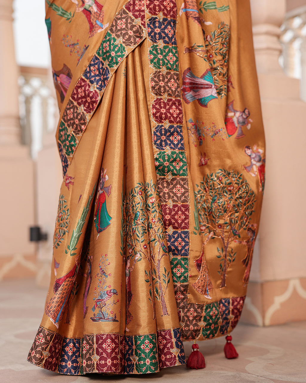 Mustard Gold Human Figure Print Saree