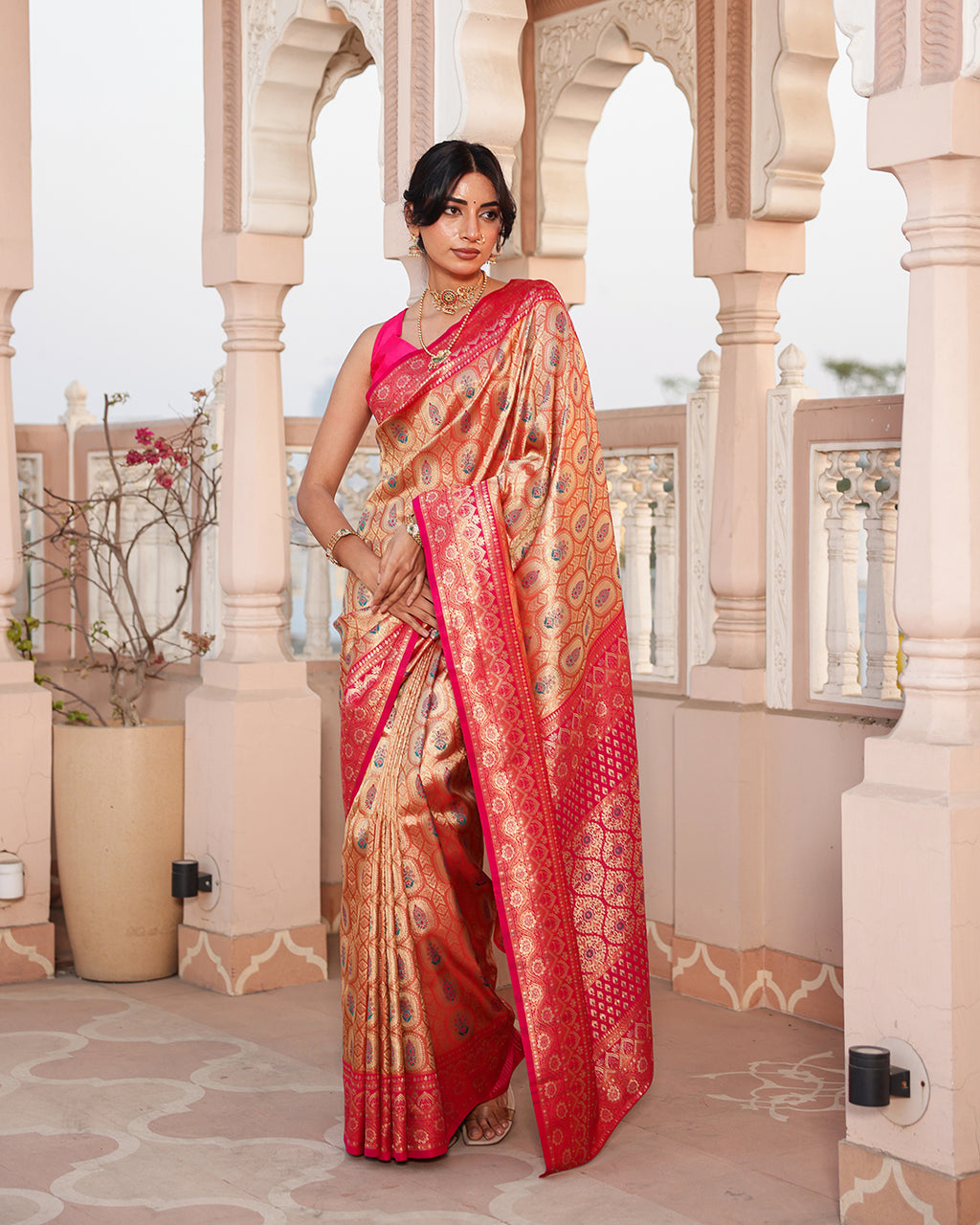Golden Pink Zari Weave Silk Saree