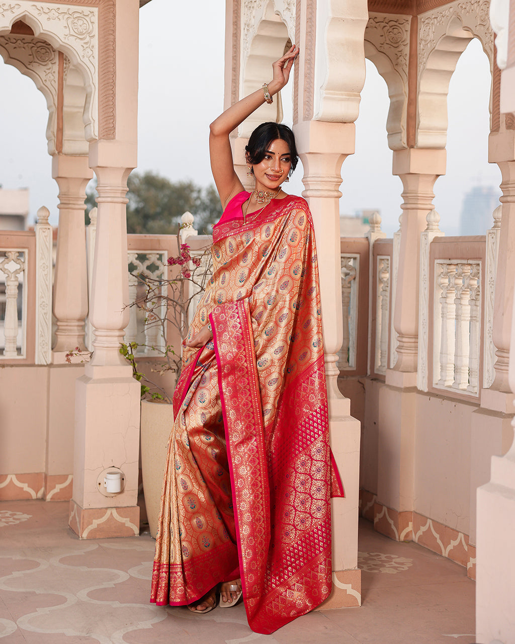 Golden Pink Zari Weave Silk Saree