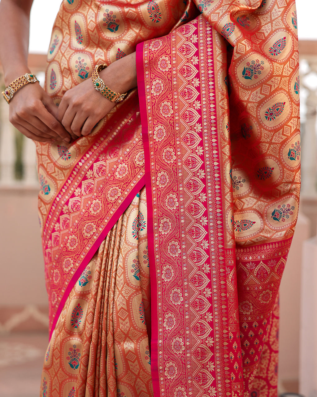 Golden Pink Zari Weave Silk Saree