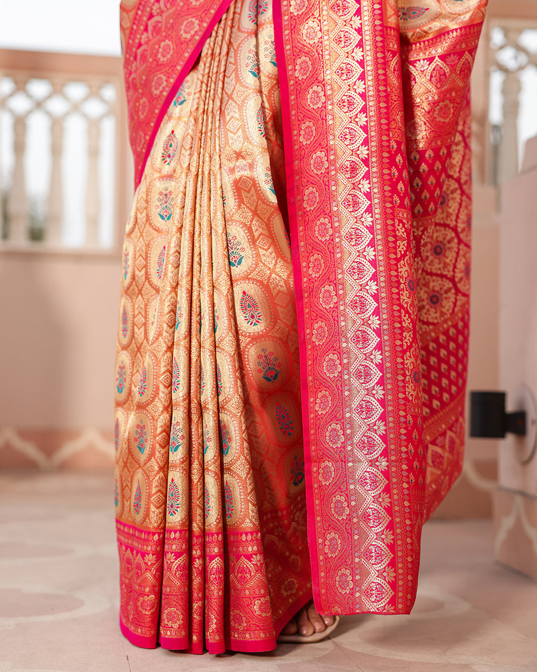 Golden Pink Zari Weave Silk Saree