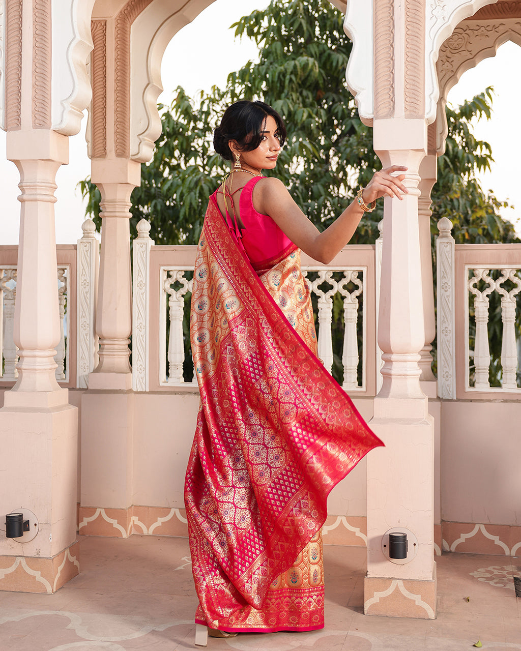 Golden Pink Zari Weave Silk Saree