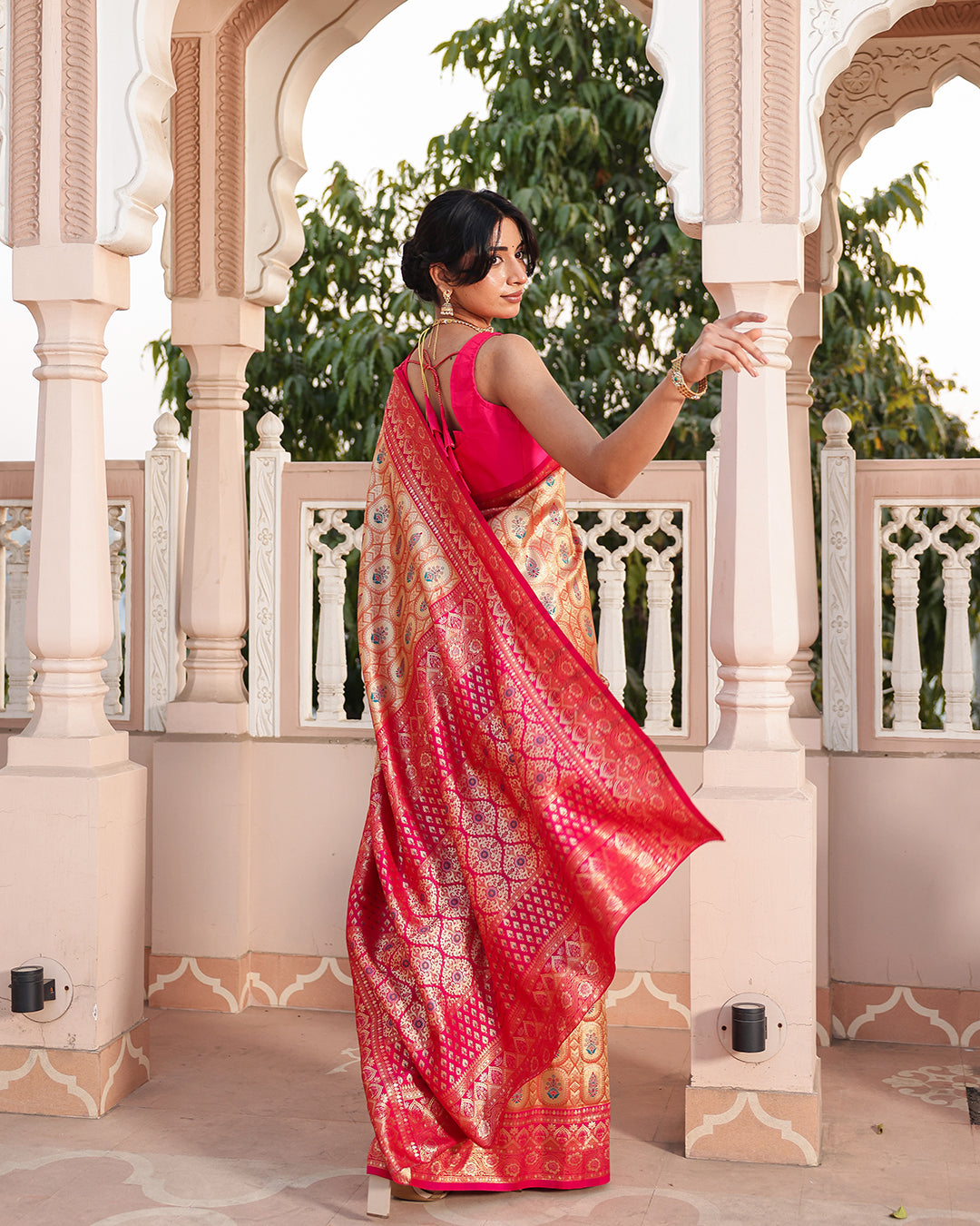 Golden Pink Zari Weave Silk Saree