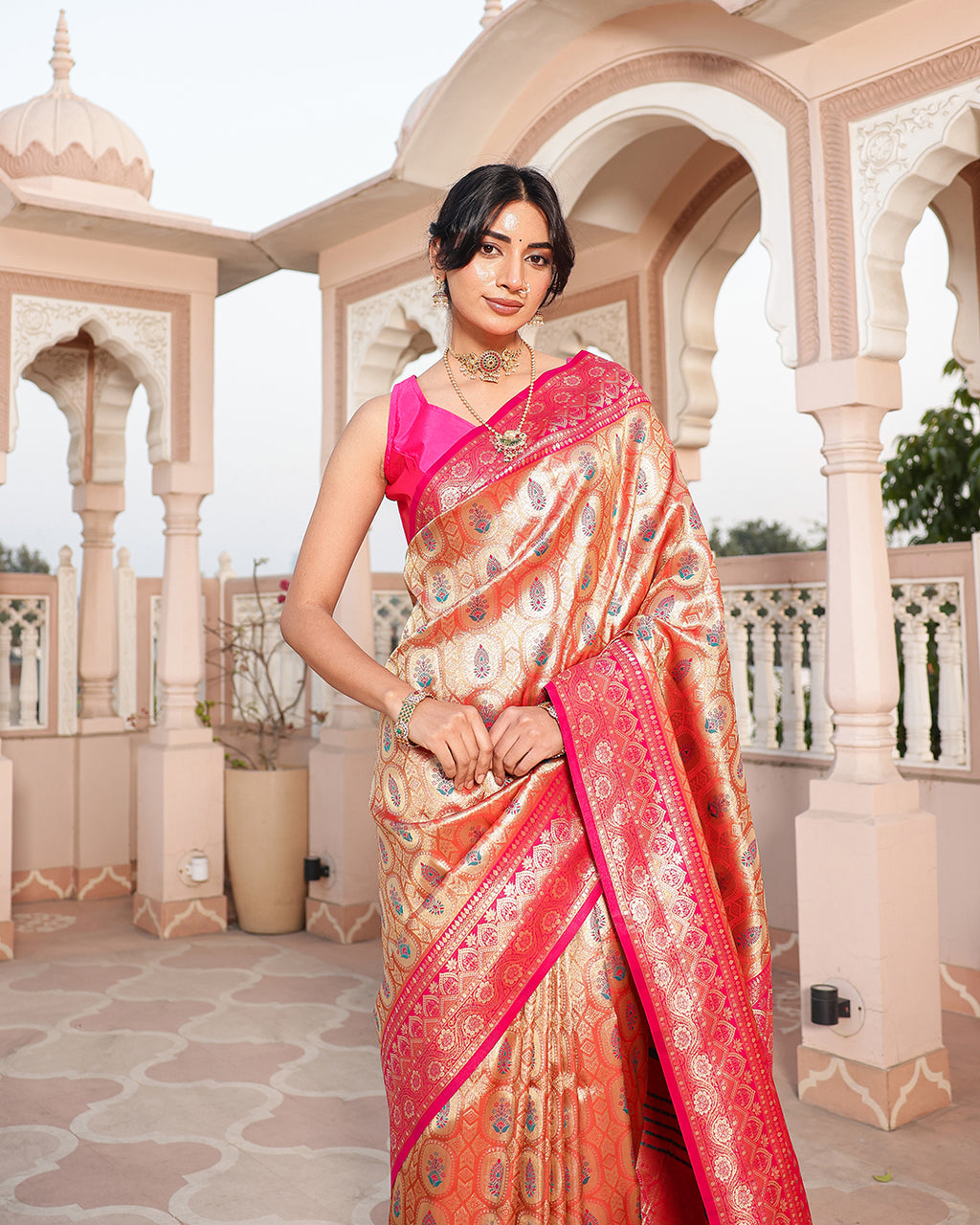 Golden Pink Zari Weave Silk Saree