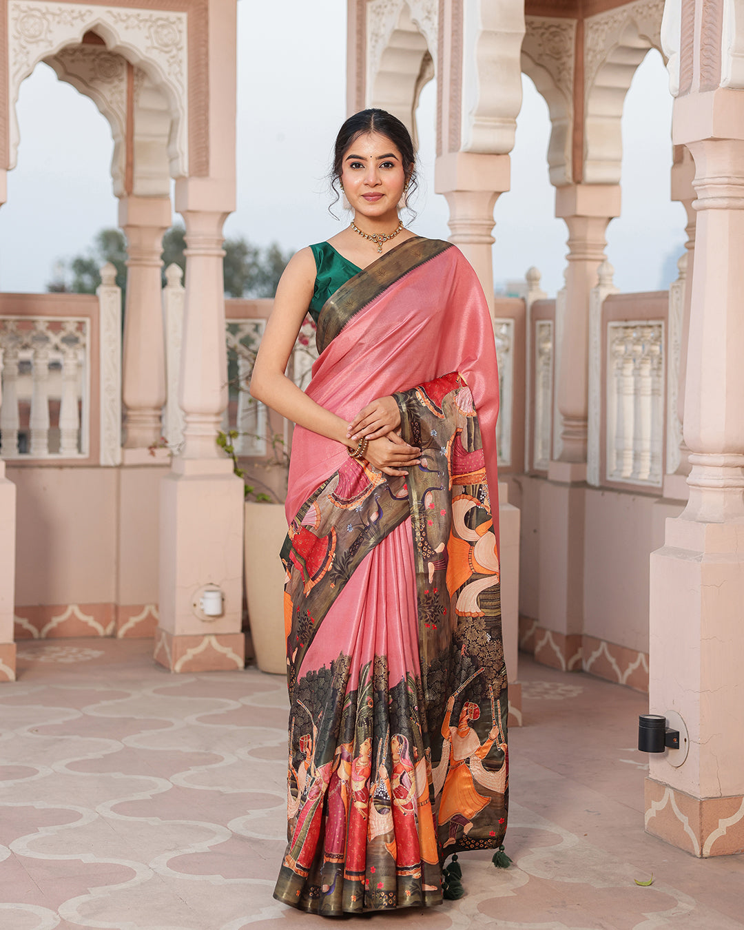 Pink Viscose Dandiya Figure Print Saree