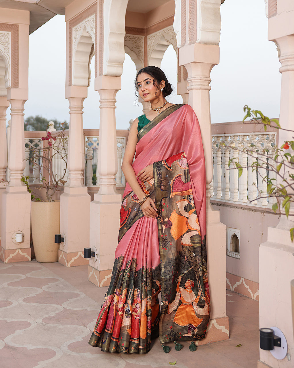 Pink Viscose Dandiya Figure Print Saree