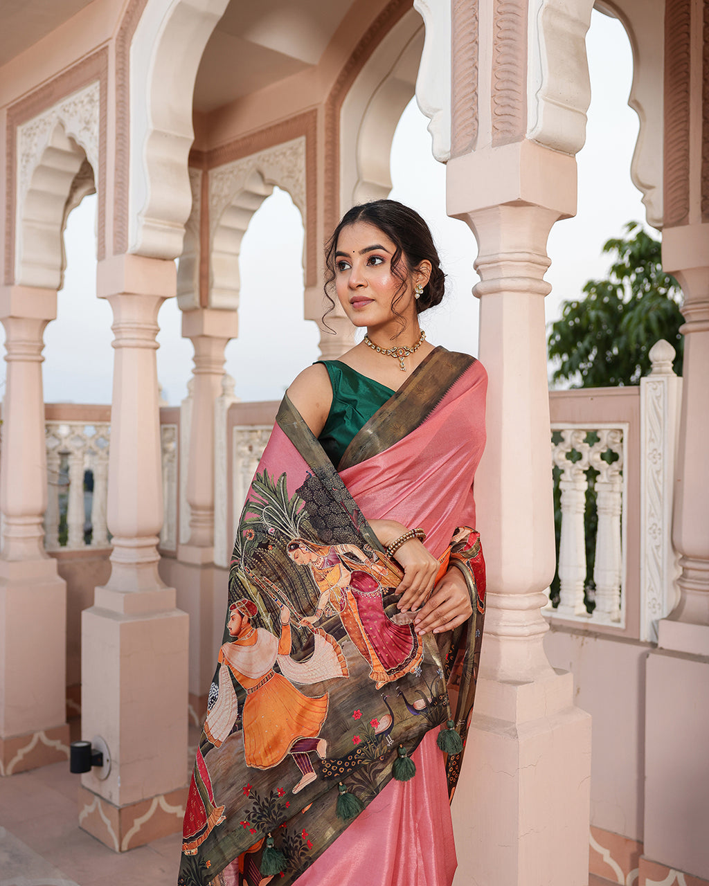 Pink Viscose Dandiya Figure Print Saree