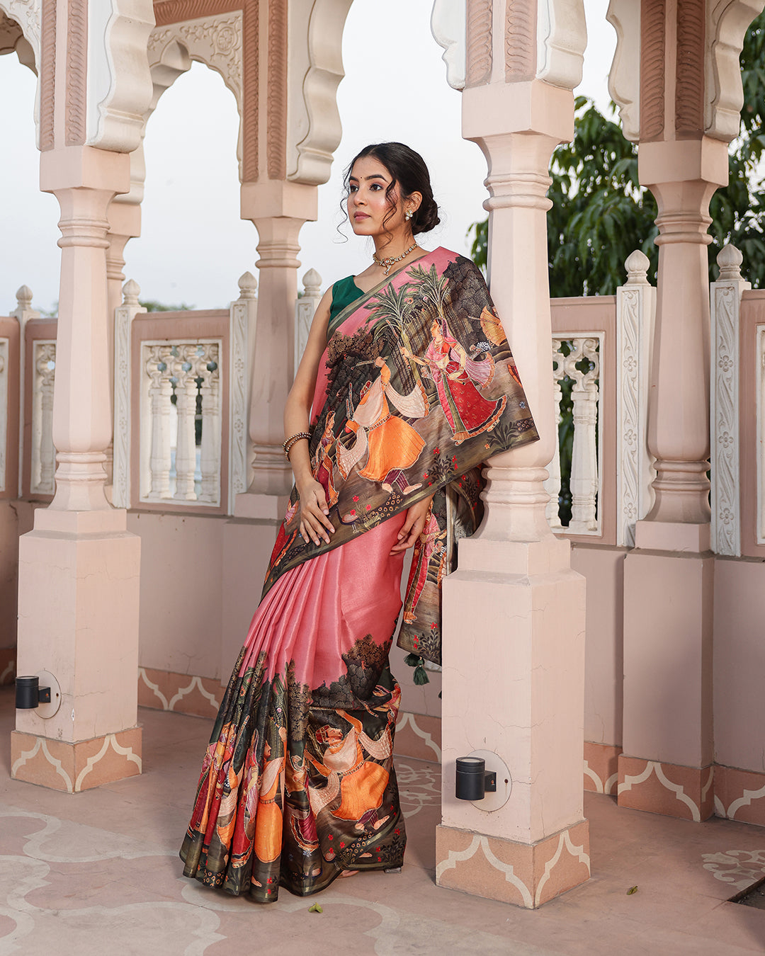 Pink Viscose Dandiya Figure Print Saree