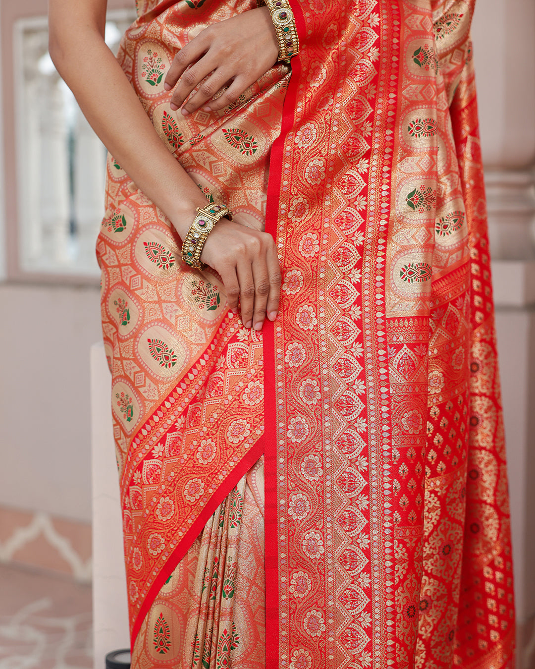 Golden Red Zari Weave Silk Saree