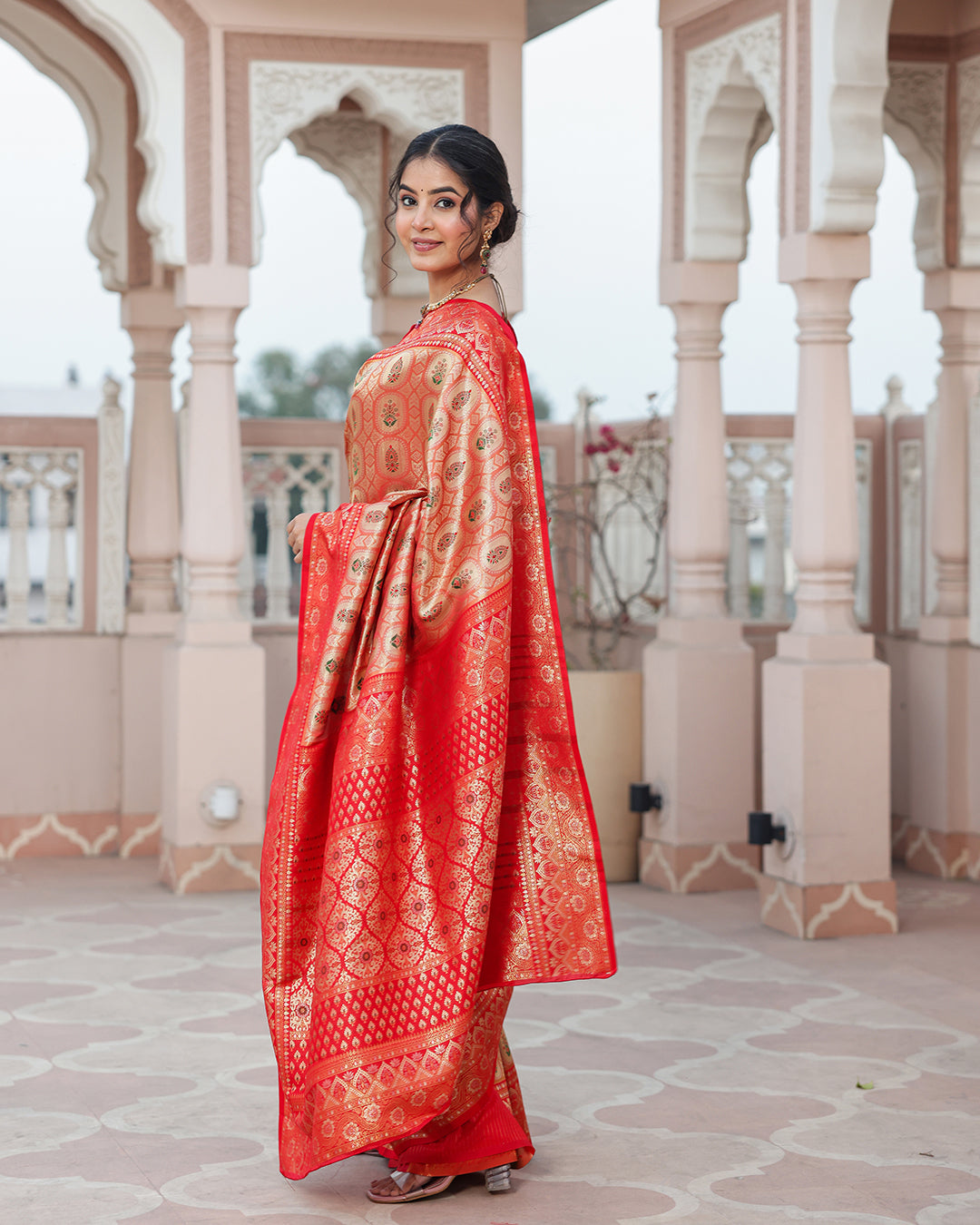 Golden Red Zari Weave Silk Saree