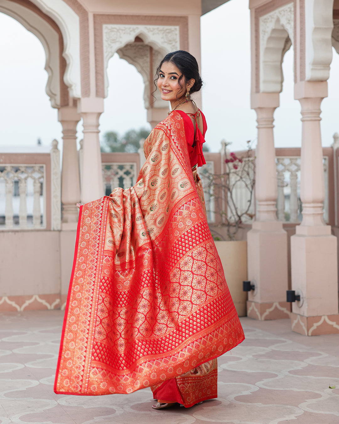 Golden Red Zari Weave Silk Saree