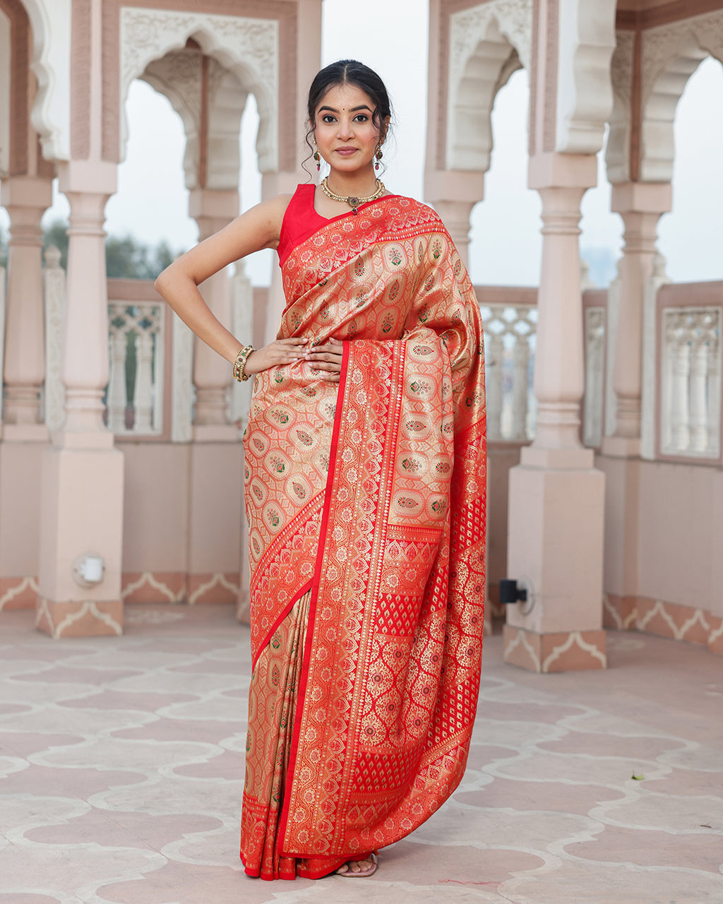 Golden Red Zari Weave Silk Saree