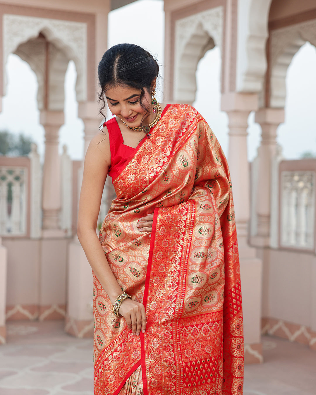Golden Red Zari Weave Silk Saree