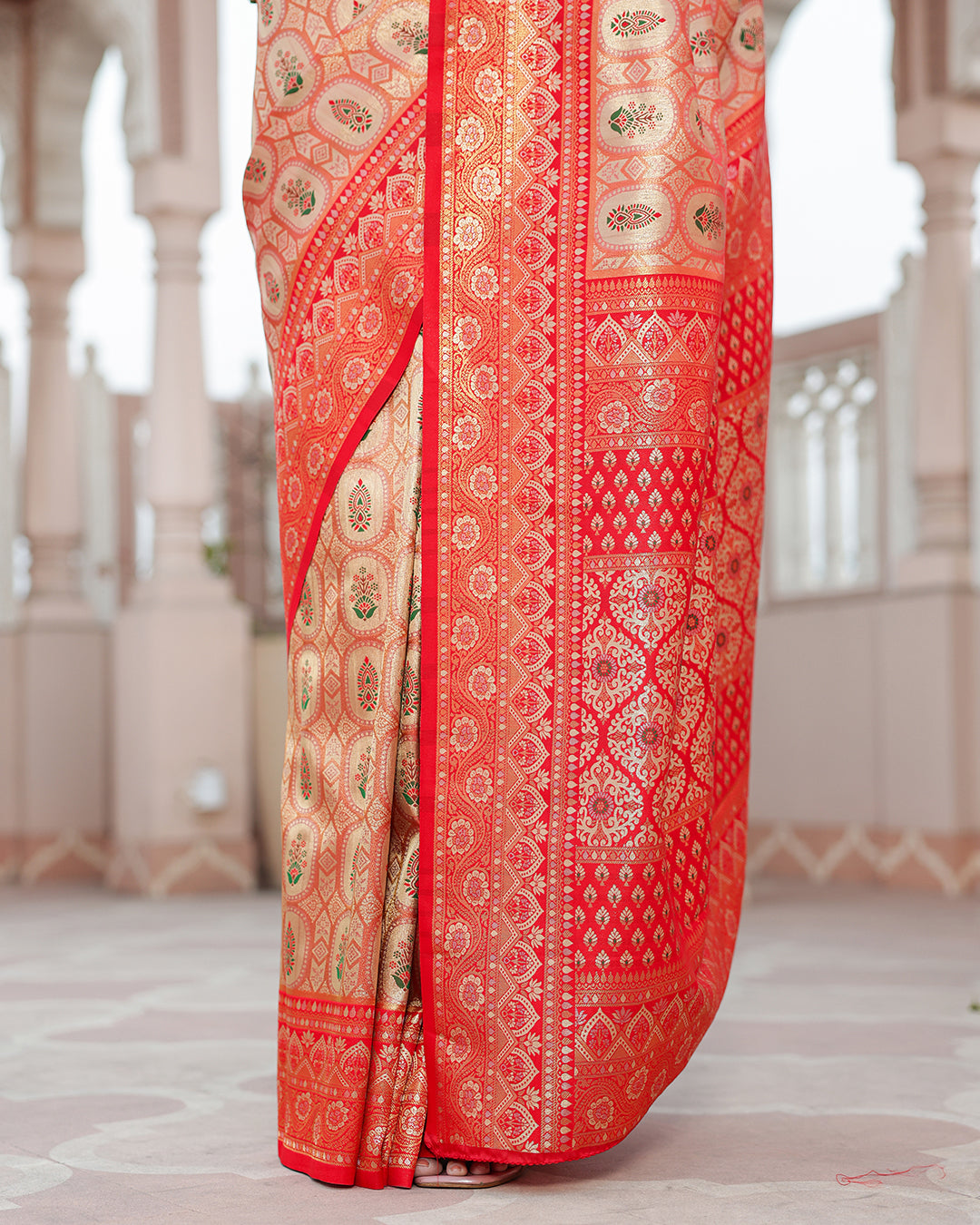 Golden Red Zari Weave Silk Saree