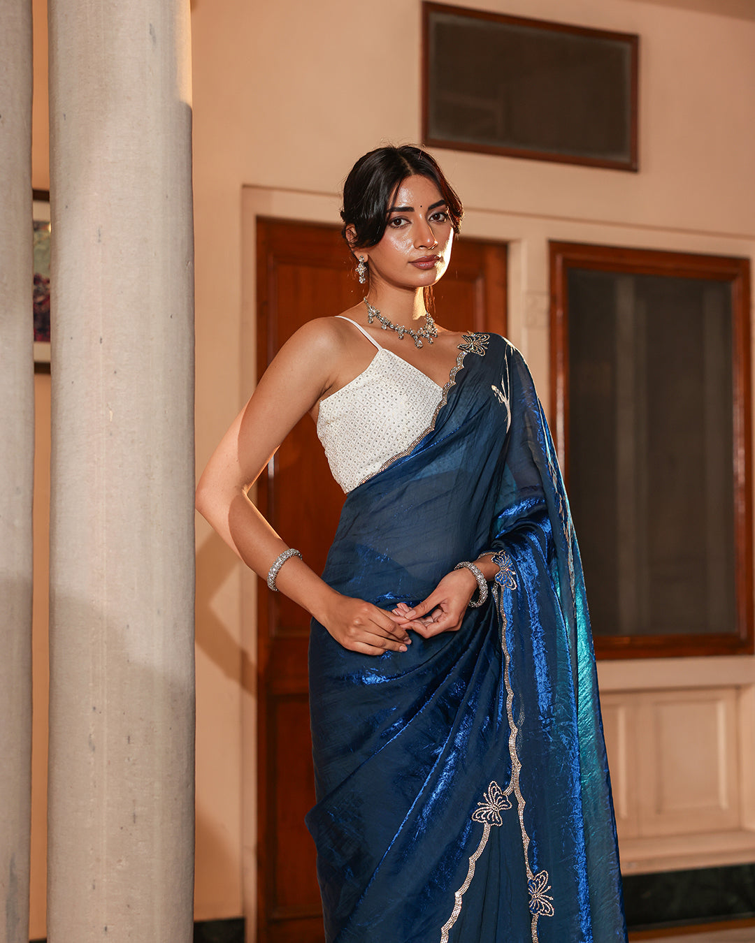 Royal Blue Sequin Shimmer Designer Saree