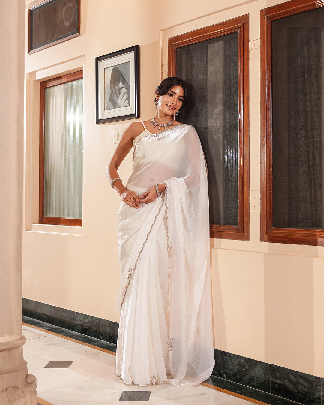 White Butterfly Stone Work Designer Saree