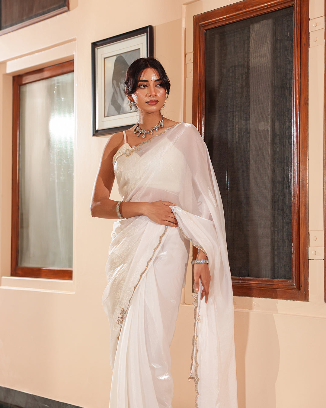 White Butterfly Stone Work Designer Saree