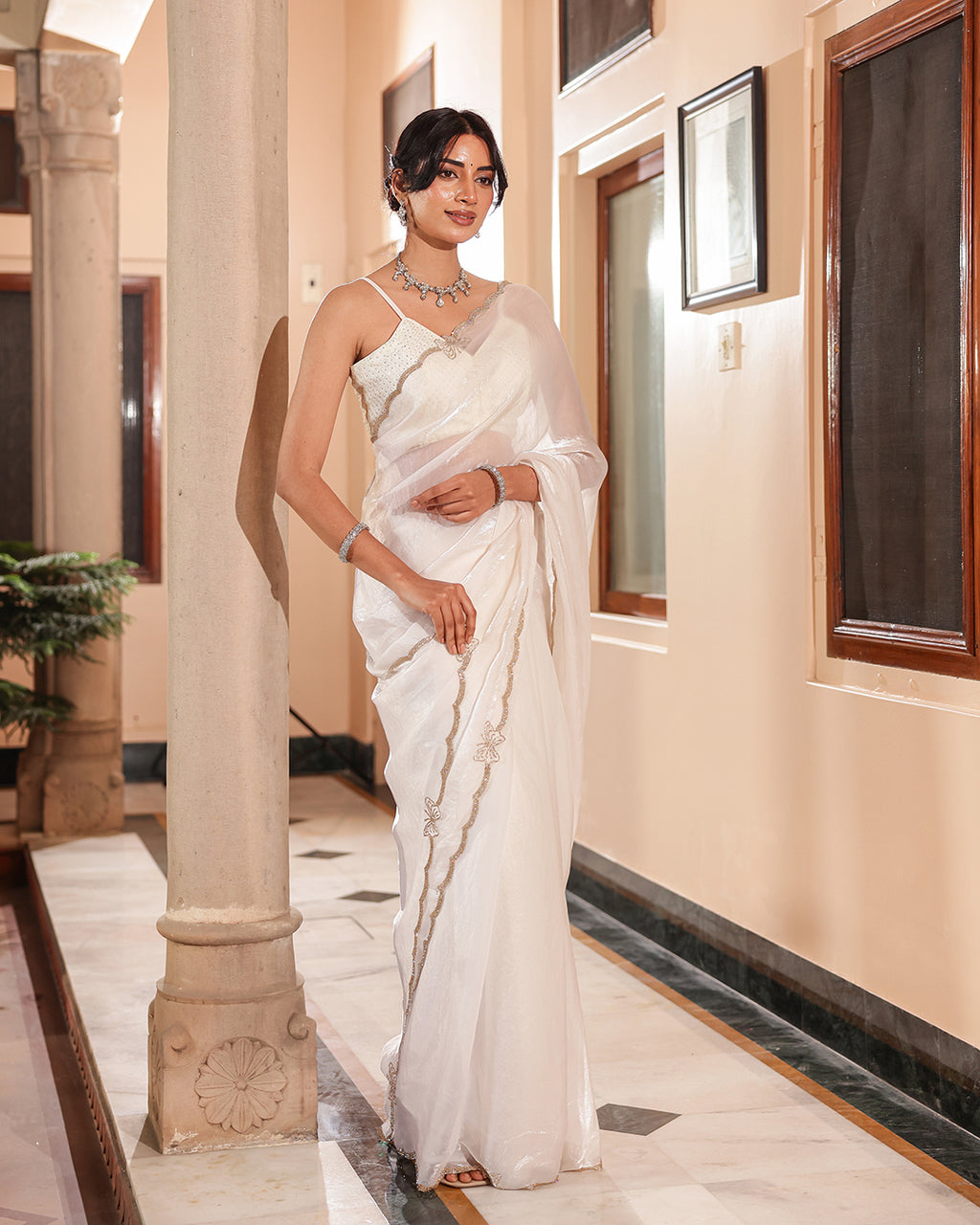 White Butterfly Stone Work Designer Saree