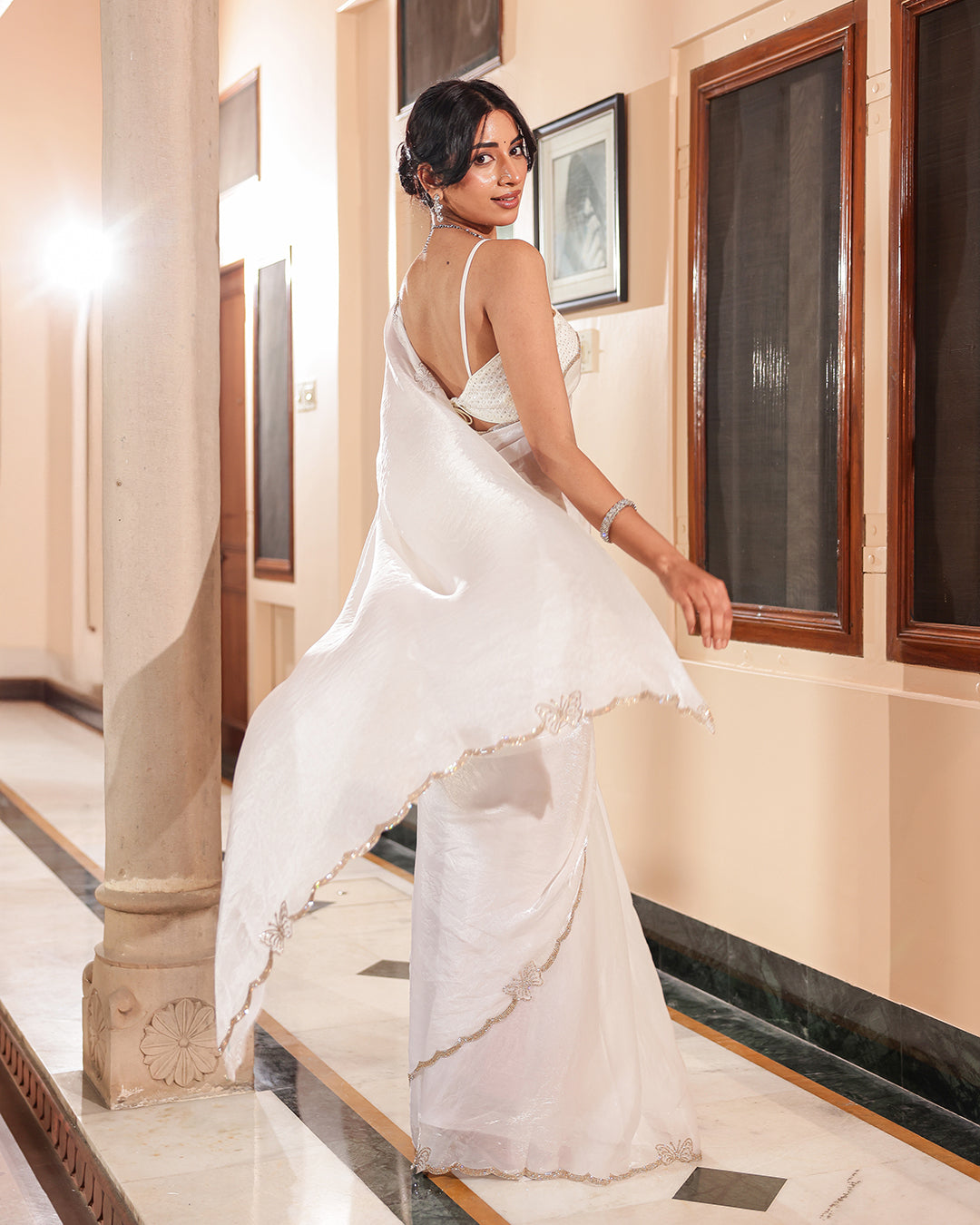 White Butterfly Stone Work Designer Saree