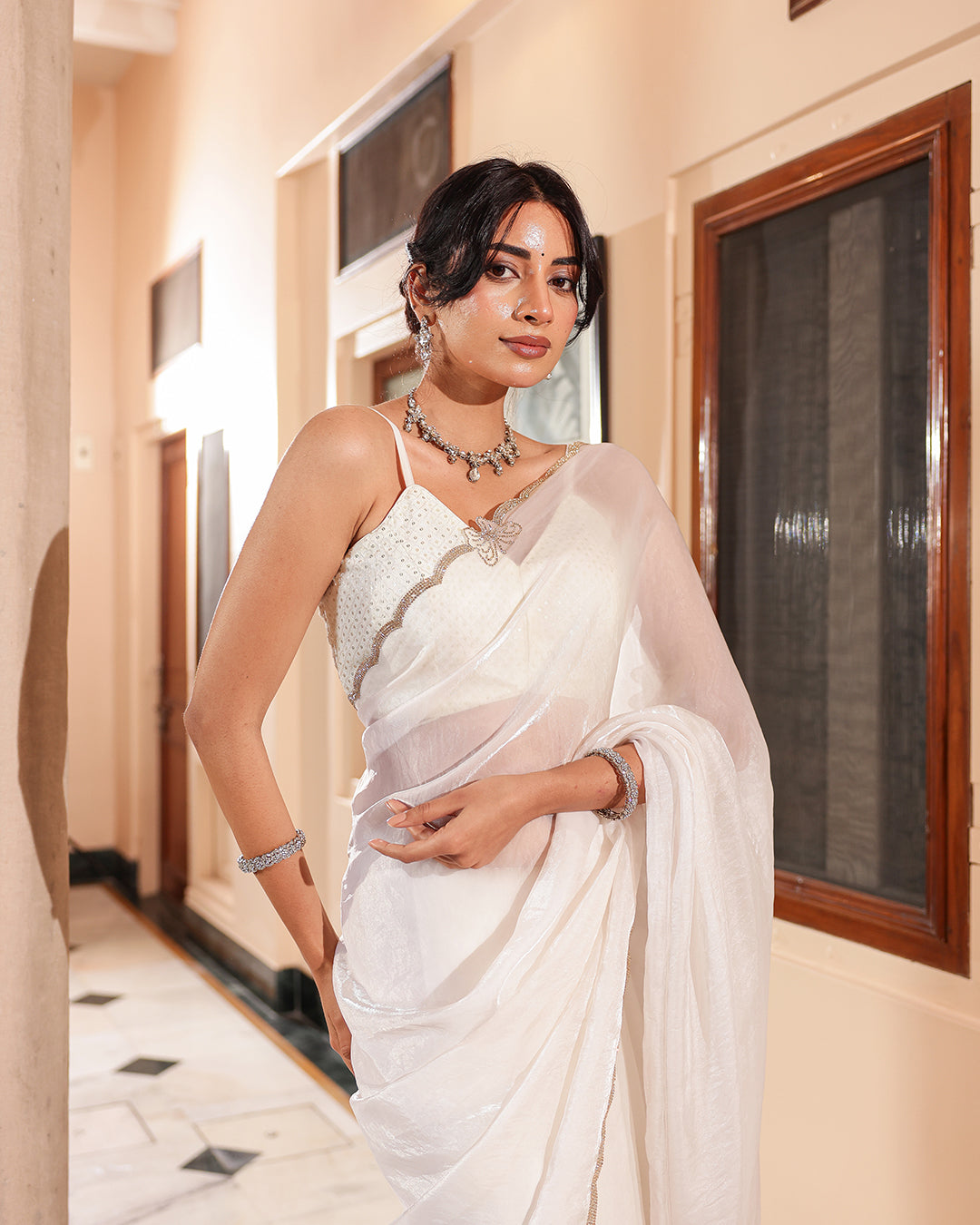White Butterfly Stone Work Designer Saree
