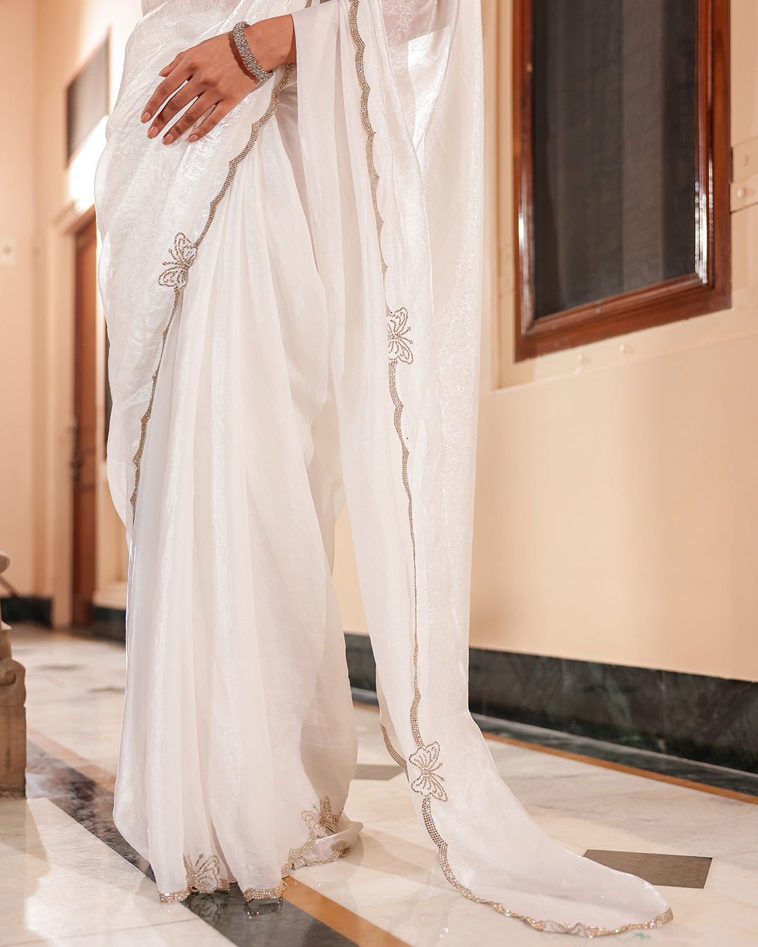 White Butterfly Stone Work Designer Saree
