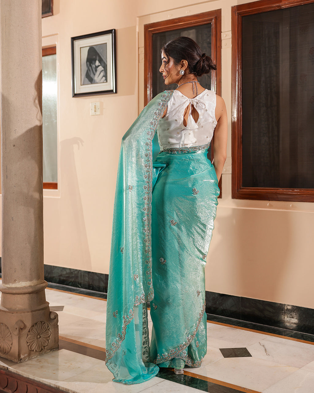 Aqua Blue Sequin Shimmer Designer Saree