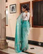 Aqua Blue Sequin Shimmer Designer Saree