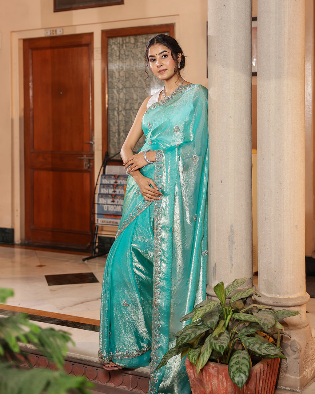 Aqua Blue Sequin Shimmer Designer Saree