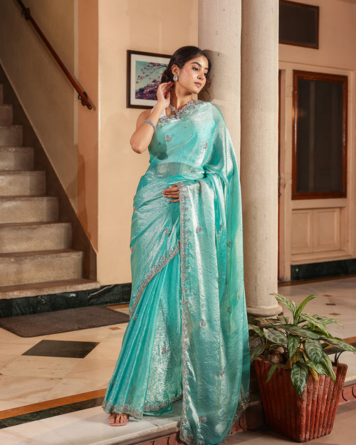 Aqua Blue Sequin Shimmer Designer Saree