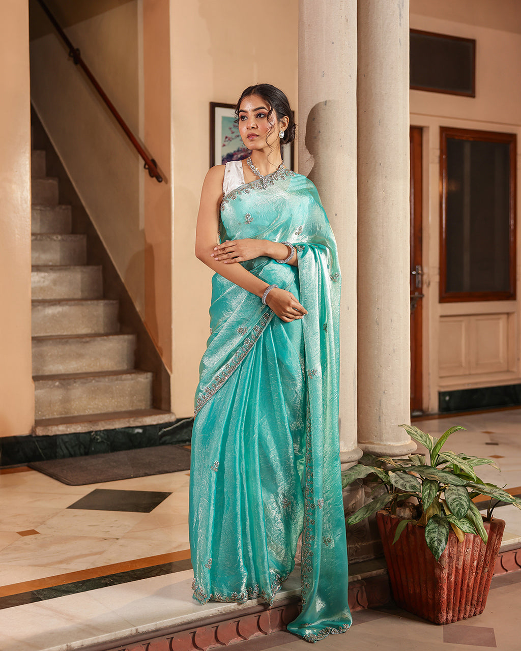 Aqua Blue Sequin Shimmer Designer Saree