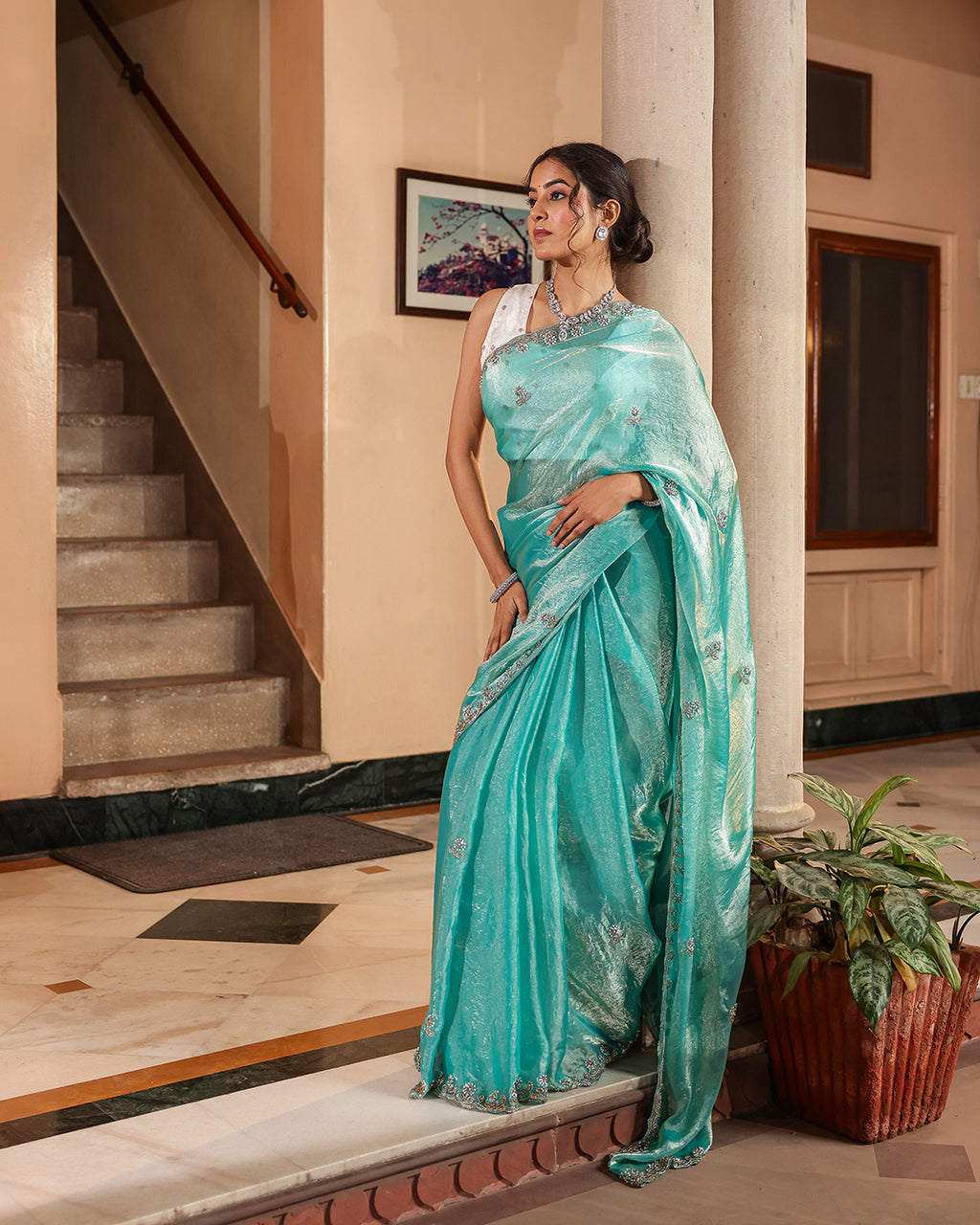 Aqua Blue Sequin Shimmer Designer Saree