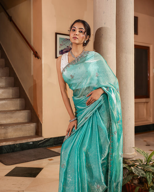 Aqua Blue Sequin Shimmer Designer Saree