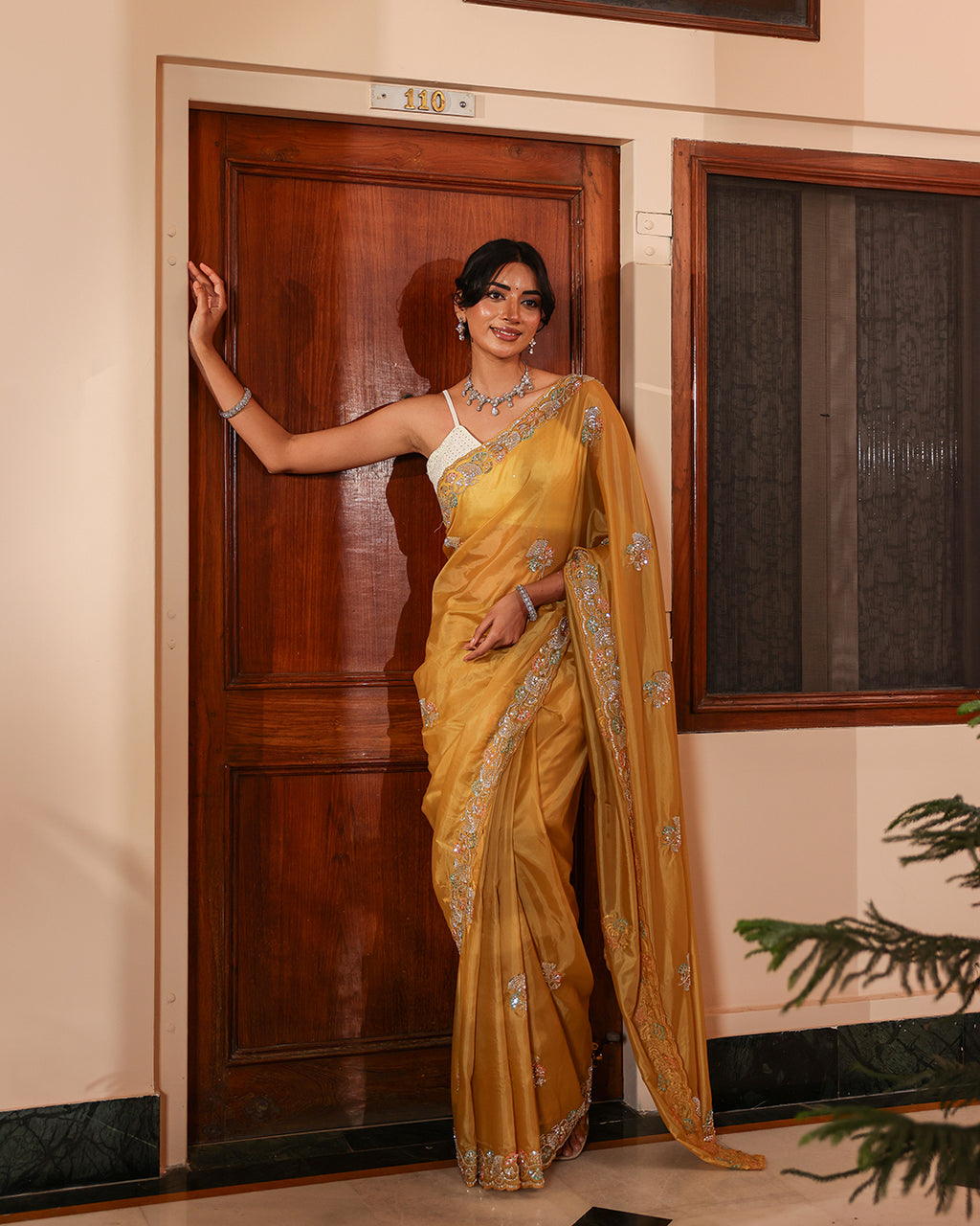 Mustard Gold Shimmer Embroidered Saree